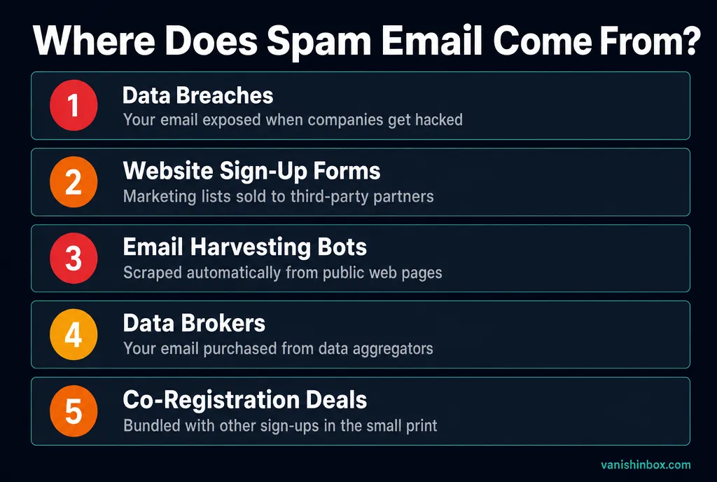 Five main sources of spam email: data breaches, website sign-ups, harvesting bots, data brokers, and co-registration deals