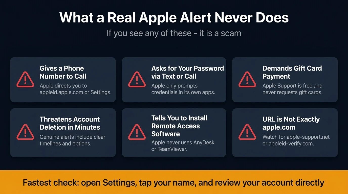 Reference card showing six things a real Apple alert never does — the key warning signs that identify every Apple High Alert scam