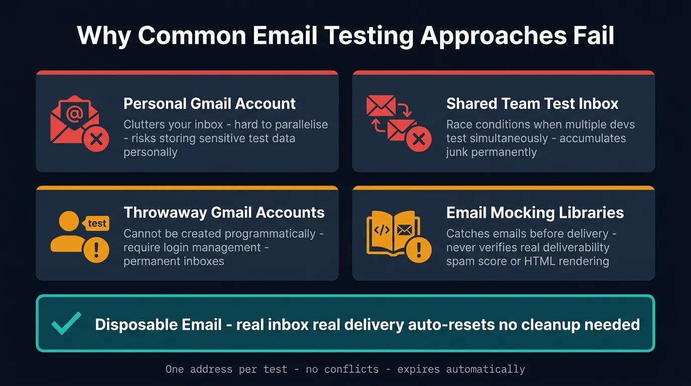 Four-card diagram showing why common email testing approaches fail — personal Gmail, shared inboxes, throwaway accounts, and mocking libraries — with disposable email as the solution