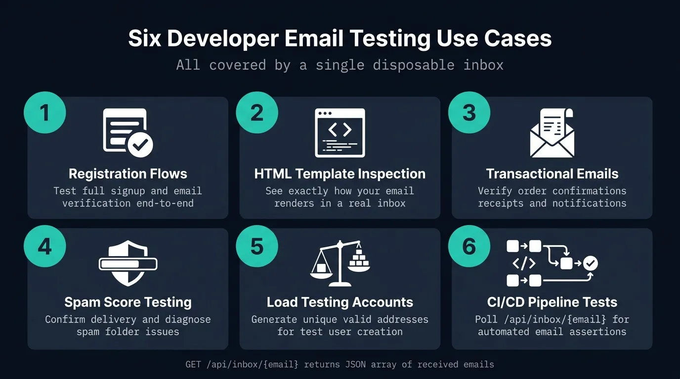 Six developer email testing use cases covered by a disposable inbox — registration flows, HTML templates, transactional emails, spam scoring, load testing, and CI/CD pipelines