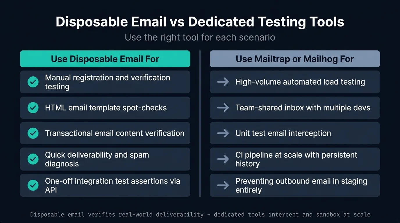 Comparison of disposable email versus dedicated testing tools like Mailtrap and Mailhog — showing which scenarios suit each approach