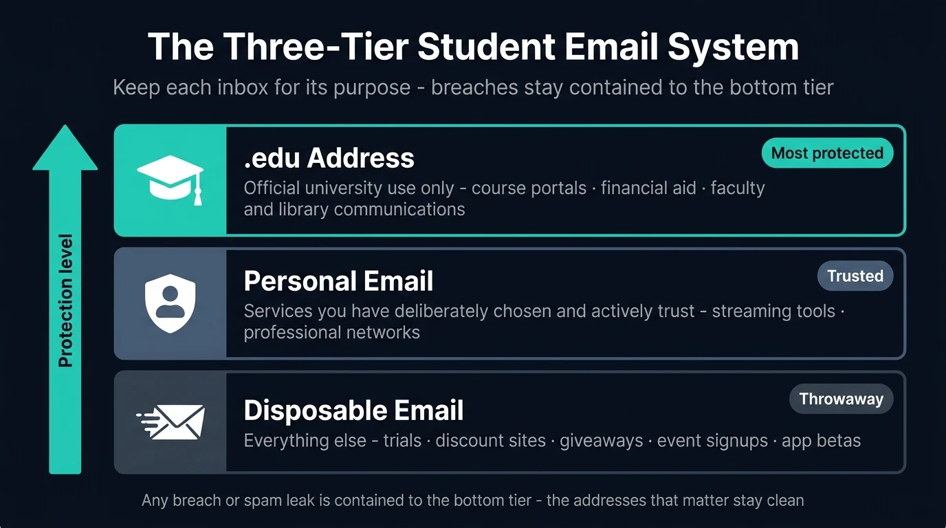 Three-tier student email system diagram — .edu for official use, personal email for trusted services, disposable email for everything else