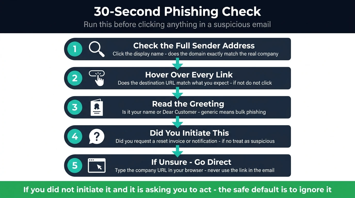 Five-step 30-second phishing check flowchart — sender address, link destination, greeting, initiation, and going direct