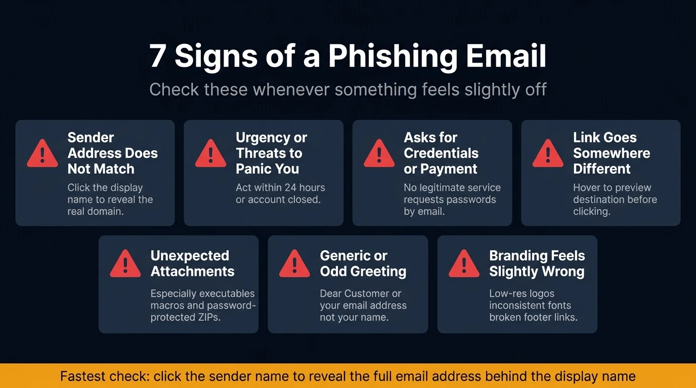 Reference card showing the seven signs of a phishing email — the fastest checks to run when something feels off