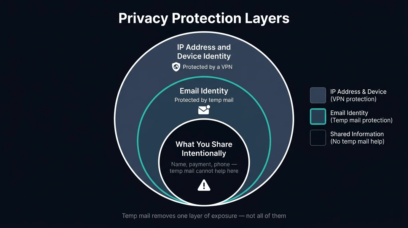 Privacy protection layers diagram showing IP address protected by VPN, email identity protected by temp mail, and intentionally shared data in the centre