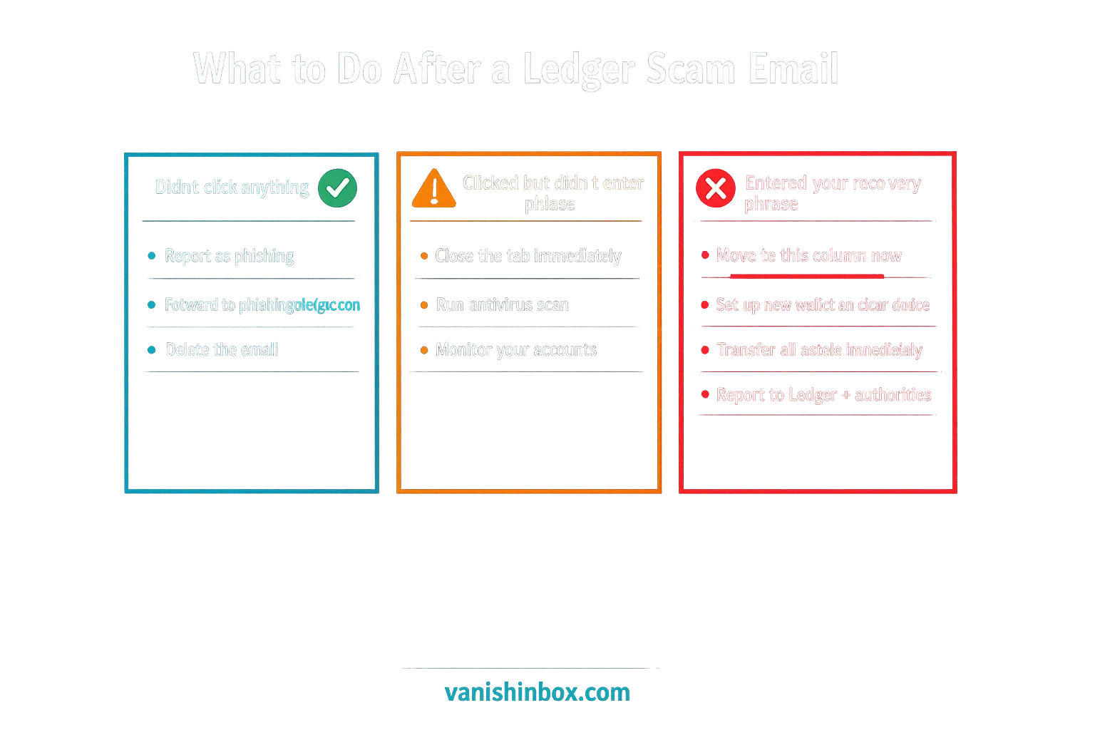 Three-path flowchart: what to do if you received a Ledger scam email depending on how far you engaged with it
