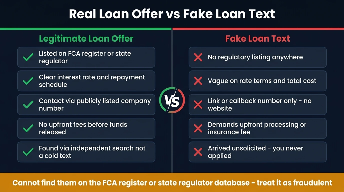 Side-by-side comparison of a legitimate loan offer versus a fake loan text — regulatory listing, terms, contact method, and fees