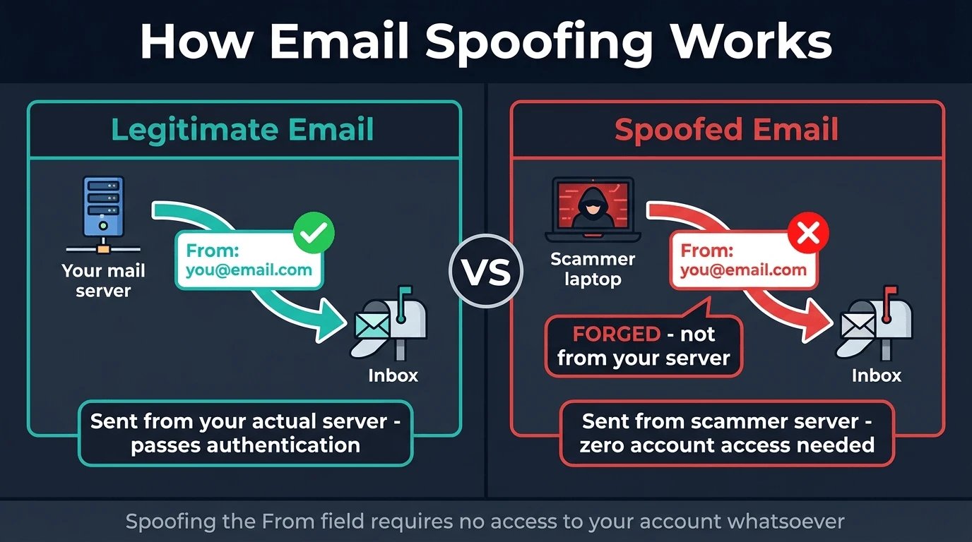 Diagram comparing a legitimate email path versus a spoofed email — showing how scammers forge the From field without any account access