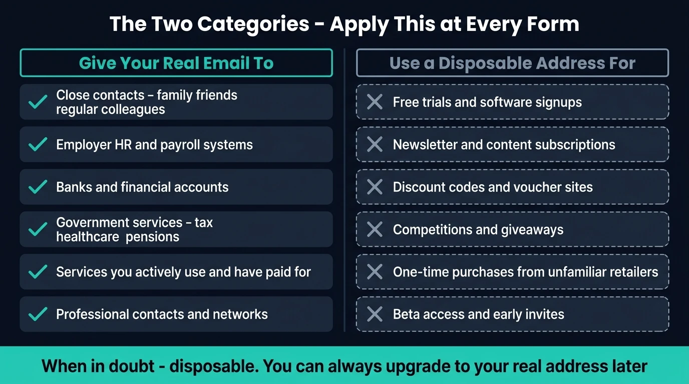 Two-category reference card showing what deserves your real email address versus what should get a disposable address