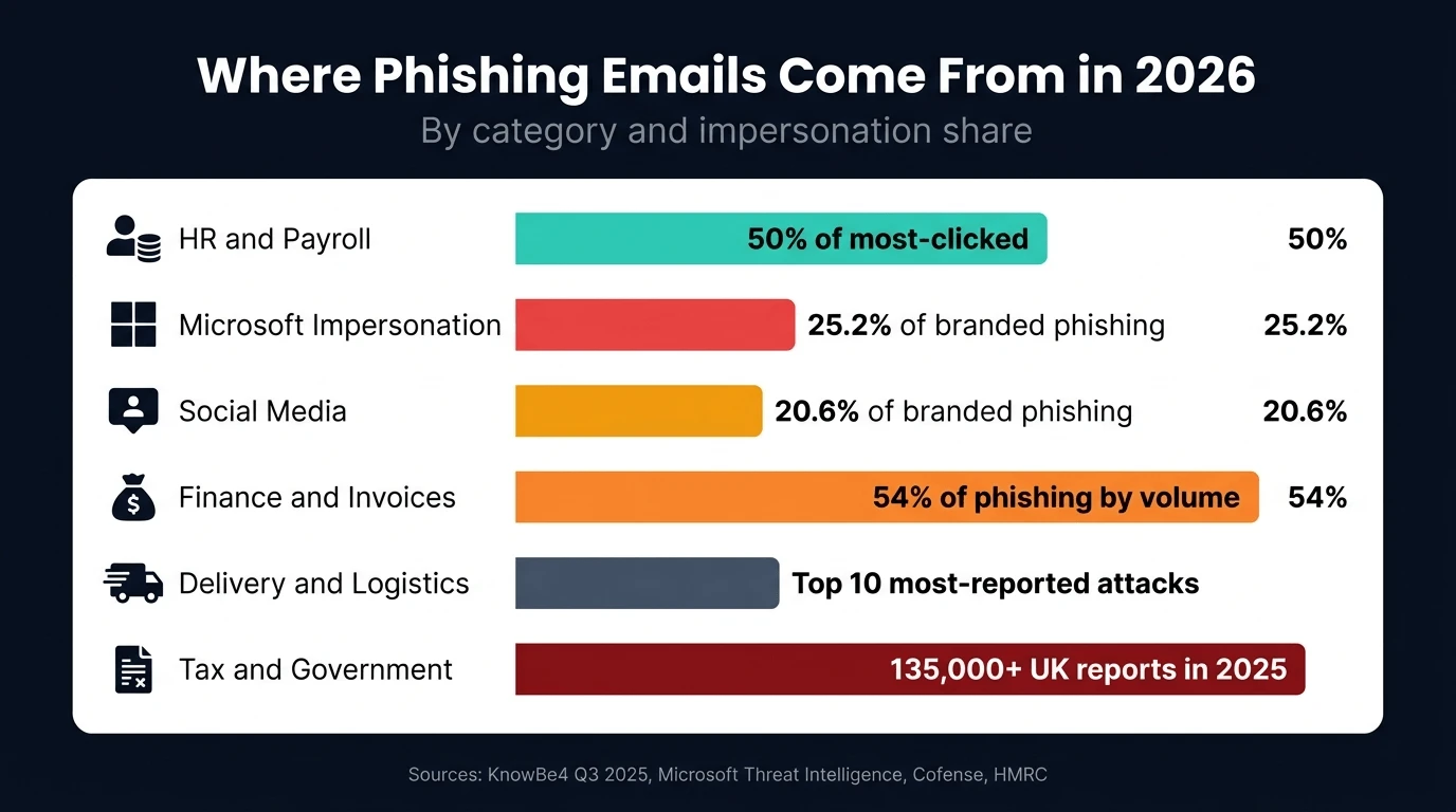 Bar chart showing phishing email categories in 2026 — HR and payroll accounts for 50% of most-clicked, Microsoft impersonation 25.2% of branded phishing