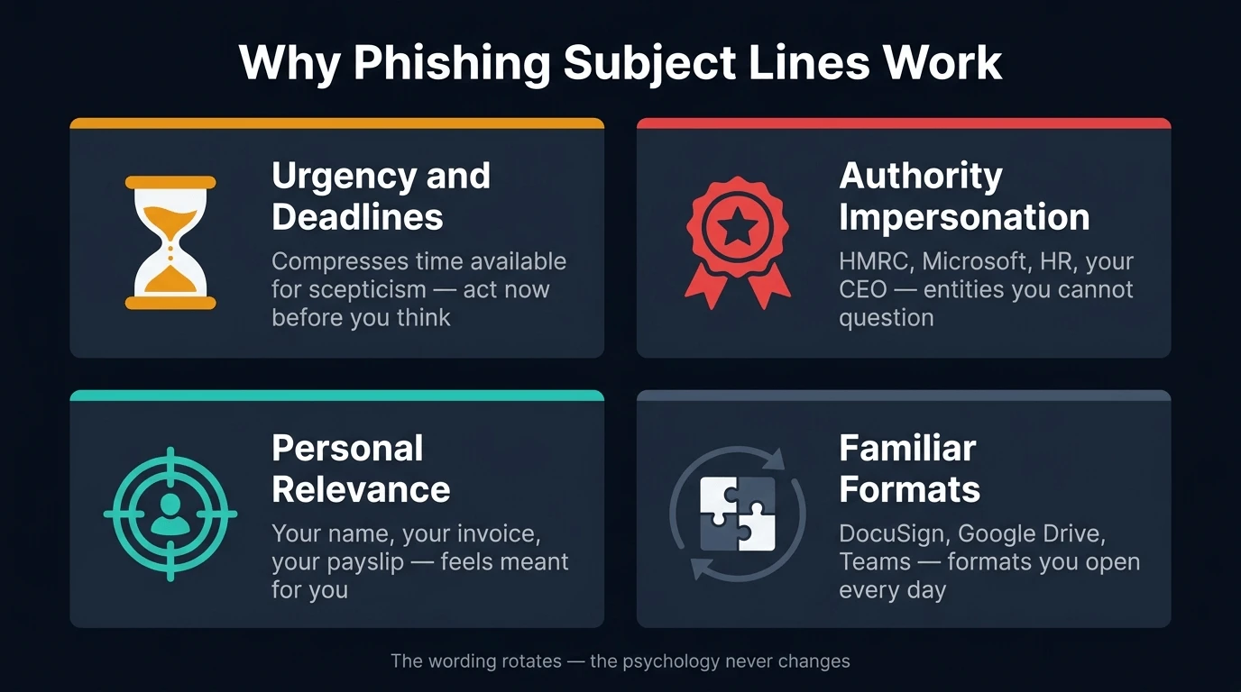 Four-card infographic showing the psychological mechanisms behind phishing subject lines — urgency, authority impersonation, personal relevance, and familiar formats