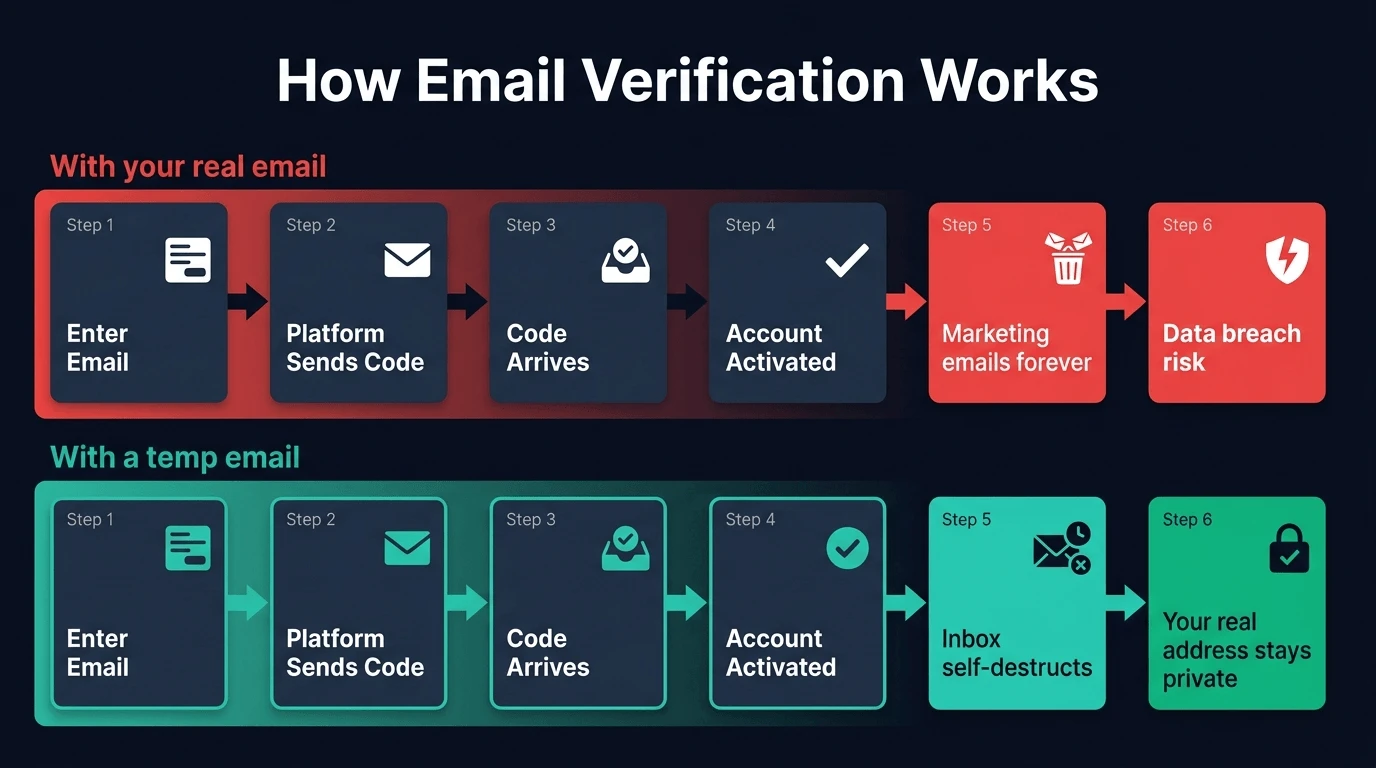 Diagram comparing real email vs temporary email verification flow — showing how temp email protects your inbox while still completing verification