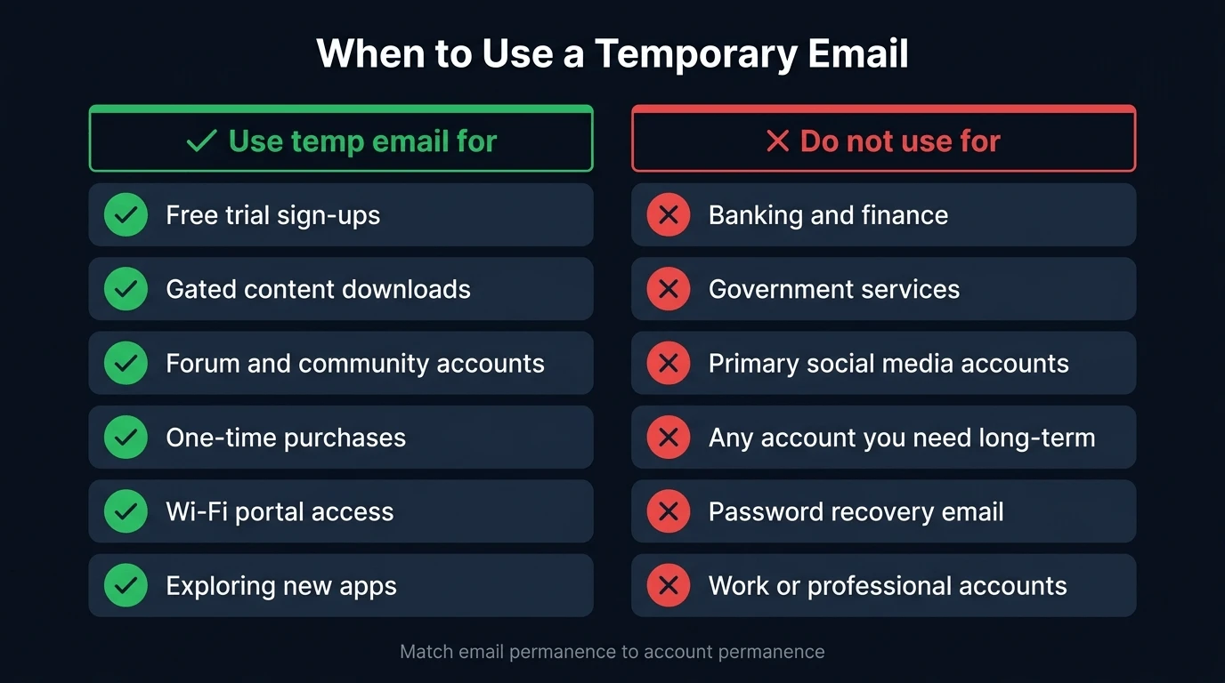 Reference card showing when to use a temporary email and when not to — green column for safe uses, red column for situations requiring your real address