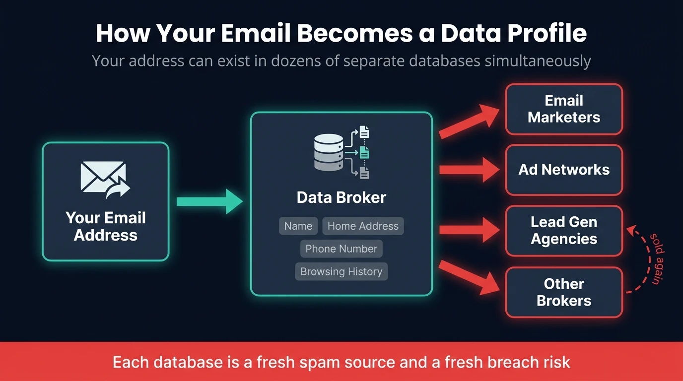Data flow diagram showing how a single email address gets enriched into a full data profile and sold repeatedly to marketers, ad networks, and other brokers
